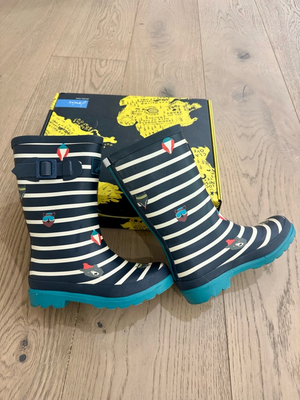 Joules Navy & White Striped Kids Rain Boots with Teal Trim